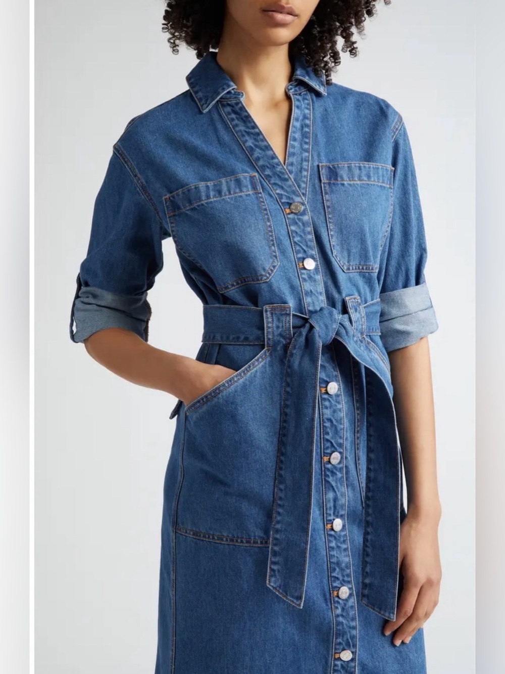 Veronica Beard Indigo Denim Shirt Dress Overall with Self-Tie Belt